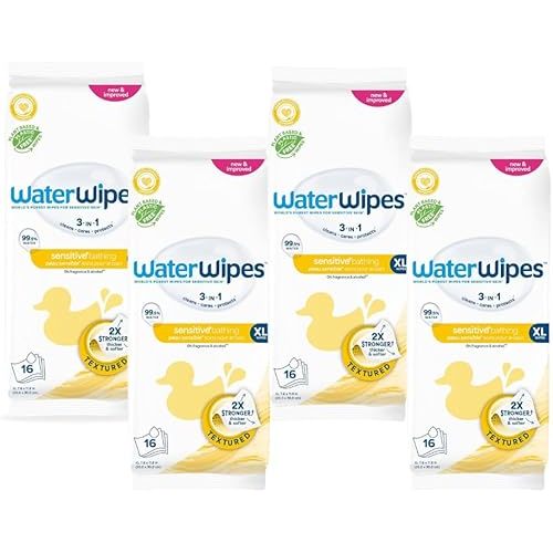 WaterWipes Sensitive+ Bathing Wipes, 3-In-1 Cleans, Cares, Protects, 99.9% Water, Unscented & Hypoallergenic, 16 Count (Pack of 4)