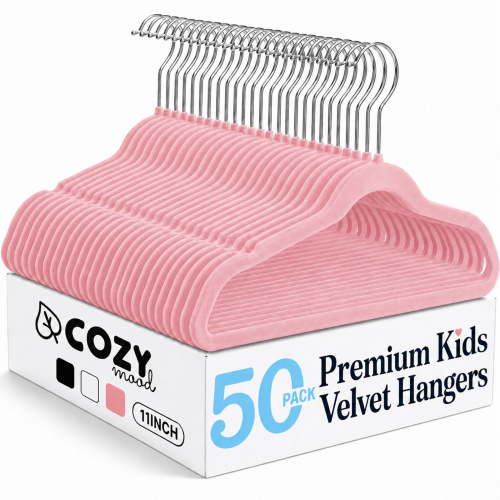 Cozymood 50 Pack Velvet Baby Hangers, 11" Non-Slip Kids Hangers, Ultra Slim Toddler Clothes Hangers with Swivel Hooks, Pink