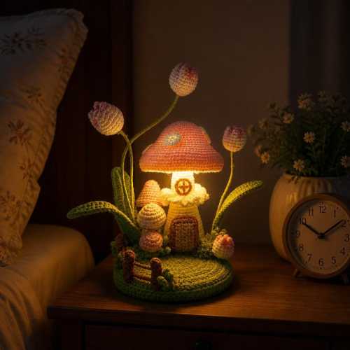 Crochet Mushroom House Night Light, Tulip Forest Fairy Tale Table Lamp, Cottagecore Bedroom Decor LED Lamp