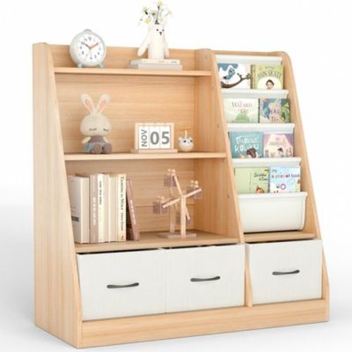 SKONYON Kids Bookshelf & Toy Organizer with Front-Facing Book Rack and 3 Fabric Bins for Playrooms