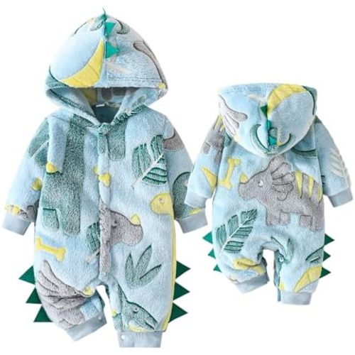 Newborn Baby Dinosaur Snowsuit Infant One Piece Hooded Jumpsuit Toddler Cartoon Romper Winter Warm Fleece Outfit