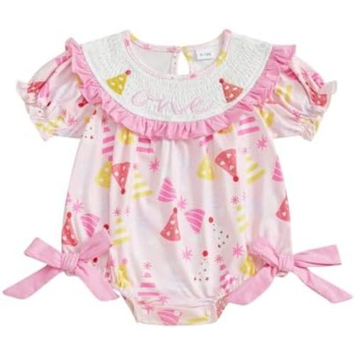 woshilaocai Baby Girl First Birthday Outfit One Romper Smocked Bow Jumpsuit Infant One Birthday Clothes