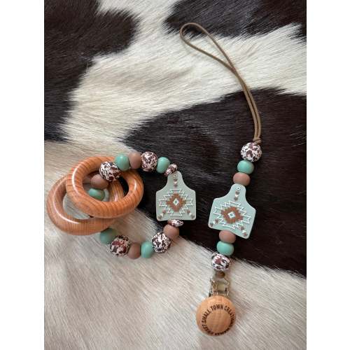 Dusty Teal Aztec Cow Tag Teether Set