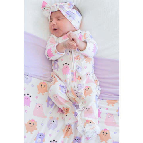 Zipper Ruffle Footie in Mini Monsters Pink | Caden Lane