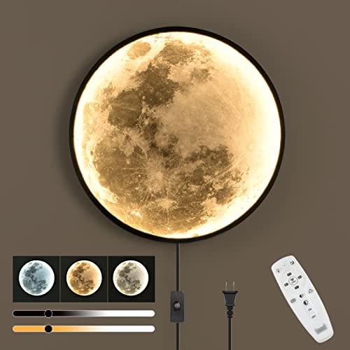 Skylumate QIYIMEILUX Dimmable Moon Wall Sconce Plug in Modern LED Wall Light with Remote Control 19.7 inch 24W Black Wall Lamp Indoor Wall Mounted Lighting Ceiling Light for Living Room Bedroom(Moon)