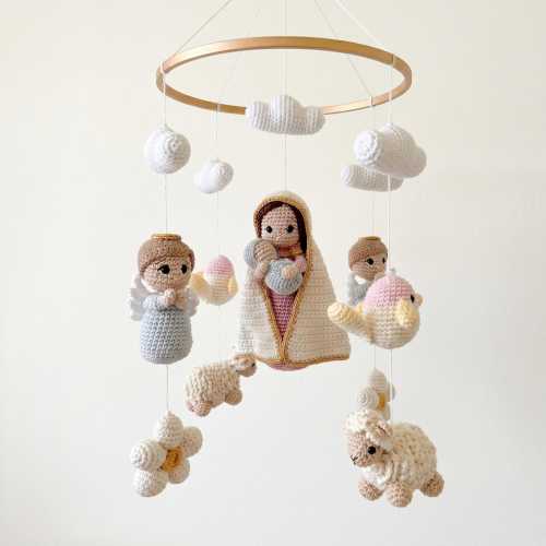 Christian Nursery Decor Mobile, Catholic Baby Crib Mobile, Handmade Virgin Mary Hanging, Neutral Baby Room Decor | V15D