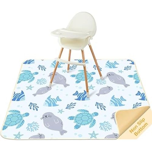 Splat Mat for Under High Chair 42 x 42 Inch Waterproof Baby Splash Mat with Non Slip Bottom Reusable Portable Highchair Mat for Floor Food Catcher for High Chair, Blue Ocean