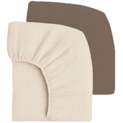 Muslin Fitted Crib Sheets: 2 Pack - Brown & Cream - 28x52", 100% Cotton, Oeko-TEX, Ultra-Soft & Breathable, Baby-Toddler Mattress Bedding