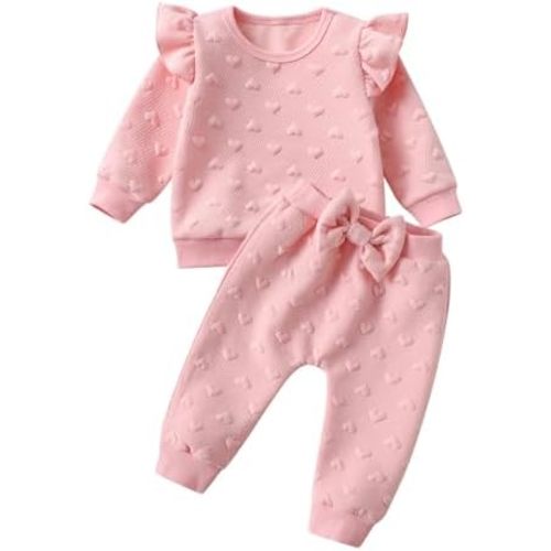 Infant Baby Girls Clothes Solid Color Long Sleeve Ruffle Pullover Sweatshirt Tops Pants Tracksuit 2PCS Outfits Set