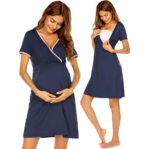 Ekouaer Nursing Nightgown Delivery and Labor Gown for Hospital Short Sleeve Maternity Breastfeeding Dress