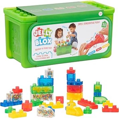 Jelly Blox Stash 'N Stack 2-in-1 Storage Case with 30 Blocks | Toddler & Preschool Building Blocks Kids Can Squeeze & Stretch | MESH ACCREDITED | Safety Tested & Ouch-Free | Sensory Play Toy Ages 2+