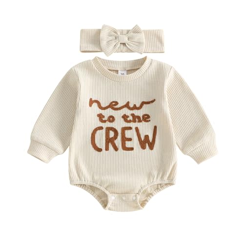 Sejardin Newborn Infant Baby Girl Fall Clothes Letter Print Romper | Embroidery Waffle Outfit 3 6 9 12M Long Sleeve Round Neck Playsuit with Headband