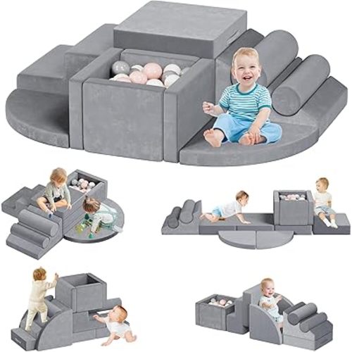 smilesun 12 PCS Foam Climbing Blocks for Toddlers with Ball Pit, Safe Soft Play Gym Set，Baby Kids' Indoor Playground Foam Blocks for Crawling, Climbing Motor Skills Development（Gray）