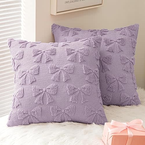 MIULEE Light Purple Bow Pillow Covers Coquette Room Decor Aesthetic Set of 2 Decorative Cute Girl Throw Pillow Soft Plush Faux Pillowcase for Girl Bed Couch Sofa,18x18 Inch