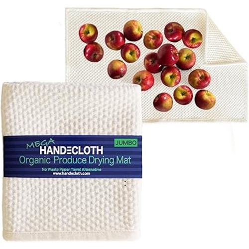 Organic Cotton Produce Drying Mat - Made in USA - Ultra Absorbent Reversible Pad Perfect for Drying Fruits & Vegetables - Zero Waste Microfiber Alternative - Extra Large