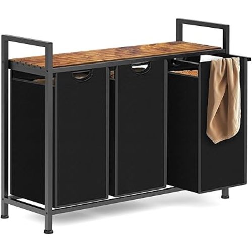 Laundry Hamper, Laundry Sorter with 3 Pull-Out Removable Oxford Fabric Bags Cloth Laundry Basket 3 x 10 Gallons (Black and Rustic Brown)