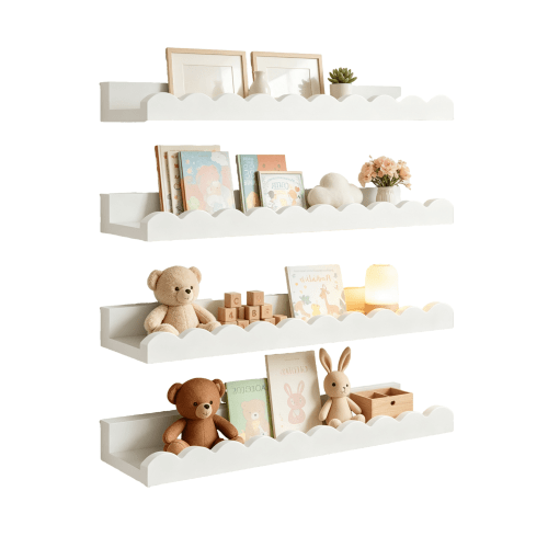 Floating Shelves for Wall – 4-Pack White Scalloped Book Shelves for Living Room & Bedroom