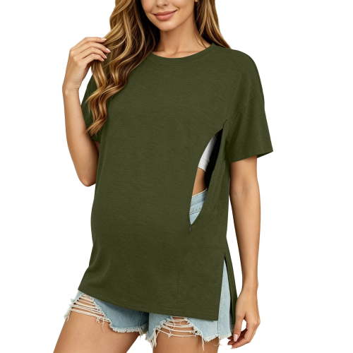 Lutiedan Women's Oversized Nursing Shirts for Breastfeeding Hidden Zipper Short Sleeves Tops Crew Neck Side Splits Maternity Tops