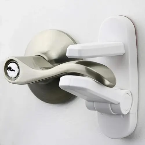 Door Lever Lock (2 Pack) – Prevents Toddlers from Opening Doors – Easy One-Hand Operation for Adults – Durable ABS with 3M Adhesive Backing – No Tools Needed for Install