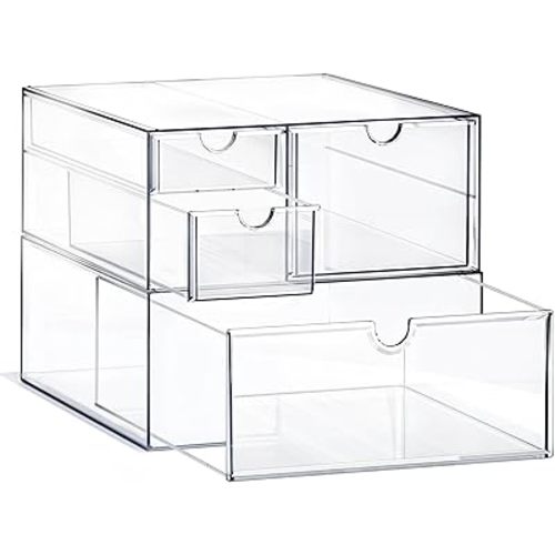 Prsildan Acrylic Drawer Makeup Organizer with 4 Drawers, Set of 2 Office Desk Organizers Accessories, Clear Stackable Storage Drawers for Vanity, Countertop, Craft, Jewelry, Art Supply Organization