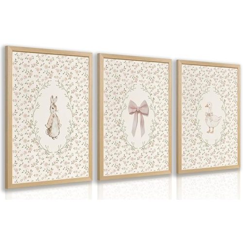 Grajoy Wood Framed Retro Floral Wall Art Set of 3, Cottagecore Kids Room Canvas Painting, Cute Rabbit Bow and Goose Animal Wall Decor, Classic Minimalist Funny Poster Print for Girl Room 12x16 Inch