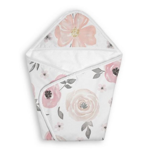 Sweet Jojo Designs Baby Girl Hooded Baby Towels Watercolor Floral Pink and Grey