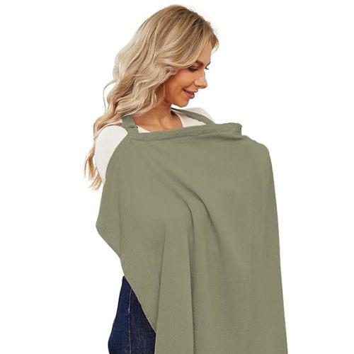 PPOGOO Muslin Nursing Cover for Baby Breastfeeding, Breathable Privacy Nursing Covers for Mom 100% Cotton Breastfeeding Cover with Rigid Hoop for Mother Nursing Apron (AGreen)