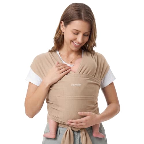 Momcozy Baby Wrap Carrier, Easy-On 2-Piece Design, Newborn to 33 lb | Easy On Like a T-Shirt, XXS-XXL Adjustable Fit, IHDI Hip-Healthy, Lightweight Hands-Free Comfort Baby Sling, Light Curry