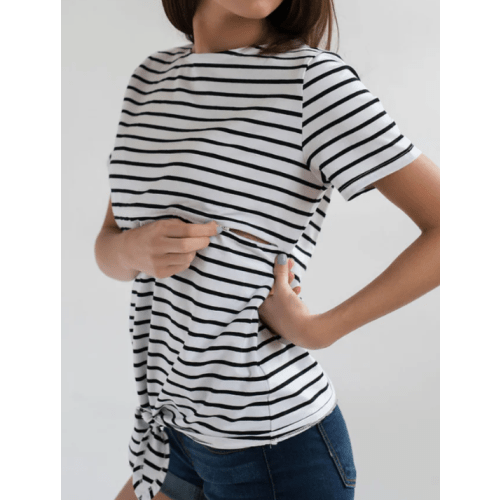 Striped Nursing T-shirt With Front Tie- Hidden Zipper - Black/White