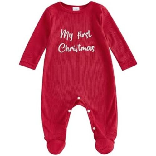Newborn Baby Boy Girl Christmas Outfit Long Sleeve Waffle Knit My First Christmas Footie Romper Jumpsuit Xmas Clothes
