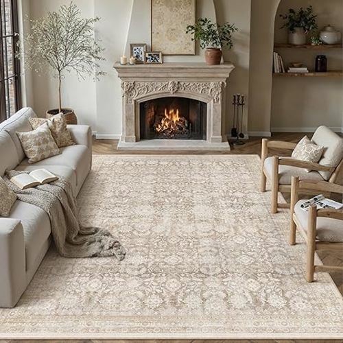 6x9 Washable Neutral Area Rug Living Room Beige Floral Non Slip Low Pile Throw Rug Modern Traditional Stain Resistant Carpet Bedroom Kitchen Dining Room Office Playroom