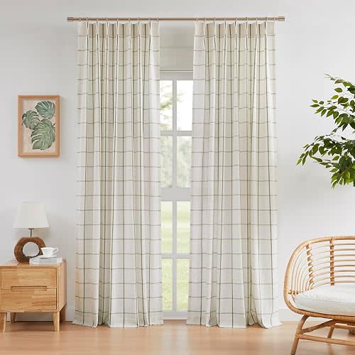 Vision Home Sage Plaid Linen Pinch Pleated Semi Sheer Curtains 40Wx84Lx2