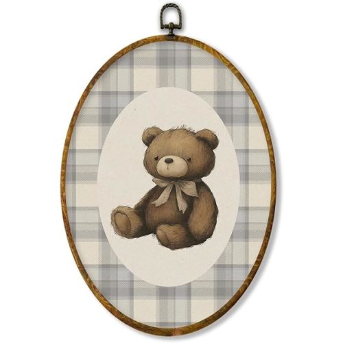 XPH Vintage Bear Nursery Oval Wall Art Framed, Kids Oval Wall Decor Accents, Neutral Classic Gingham Plaid Bear Animal Hanging Canvas Prints for Home Kids Girly Nursery Room Playroom Decoration, 8.6x11.4 Inch