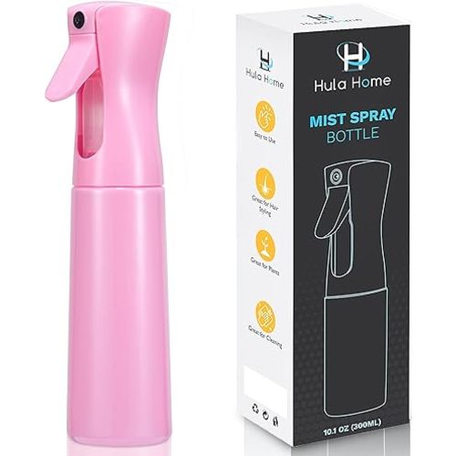 Hula Home Continuous Spray Bottle for Hair (10.1oz/300ml) Empty Ultra Fine Plastic Water Mist Sprayer – For Hairstyling, Cleaning, Salons, Plants, Essential Oil Scents & More - Pink