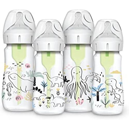 Dr. Brown’s Natural Flow® Anti-Colic Options+™ Wide-Neck Baby Bottle Designer Edition Bottles, Dinosaur and Ocean Design, 9 oz/270 mL, Level 1 Nipple, 4-Pack, 0m+