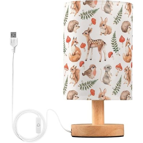 Table Lamp Forest Animal Squirrel Fox Deer Hare Hedgehog Mouse Bird Mushroom Nightstand Lamp with Wood Base Fabric Lamp Shade Bedside Desk Lamp for Living Room Bedroom Kids Room Office