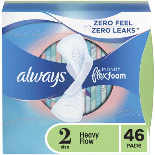 Always Infinity FlexFoam Thin Menstrual Pads for Women, Size 2 Heavy, Unscented, 46 Count