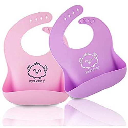 Silicone Baby Bibs - Waterproof, Easy Wipe Silicone Bib for Babies, Toddlers - Baby Feeding Bibs with Large Food Catcher Pocket - Travel Bibs Set for Boys, Girls - Food Grade BPA Free (Cotton Candy)