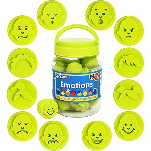 READY 2 LEARN Easy Grip Dough & Paint Stampers | Emotions | Set of 12 | Rubber Stamps for Ages 2+ | Washable | Crafts and Social Emotional Learning