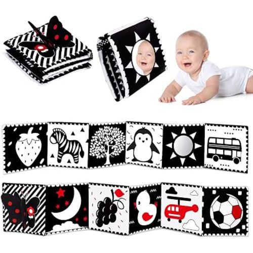 Black and White High Contrast Toys for Baby 0-3 3-6 months Infant Tummy Time Soft Crinkle Book Mirror Sensory Toys 0 2 4 5 6 Month Old Babies Boy Gril Newborn Development Christmas Stocking Stuffer