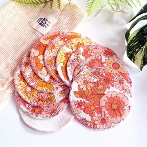 10 Organic Reusable Breast Pads | Retro 70’s Floral | Cotton & Bamboo Nursing Pads