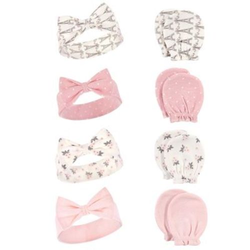 Hudson Baby Infant Girls Cotton Headband and Scratch Mitten Set, Paris, 0-6 Months