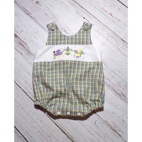 Baby Mardi Gras Bubble Romper, Handmade Gingham Outfit