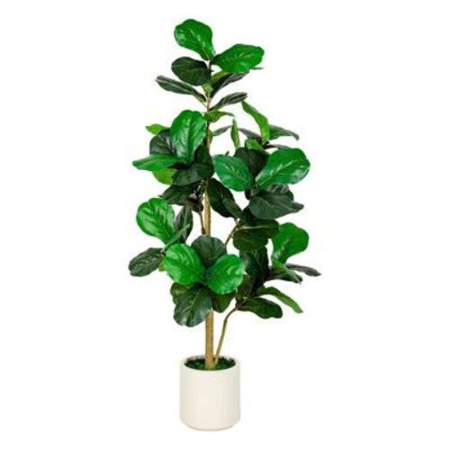 5FT Artificial Fiddle Leaf Fig Tree with White Planter Pot Natural Trunk Realistic Leaves Lifelike Faux Floor Plant For Home House Office Decor Indoor