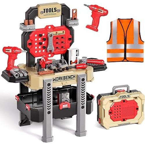 Deejoy Kids Toy Bench with Realistic Tools and Electric Drill, 79 Pcs Realistic Toy Tools with Clothes, Toddler Learning Bench Gift for Boys & Girls Age 3-5 (Yellow) 32x26.6x14.4 in
