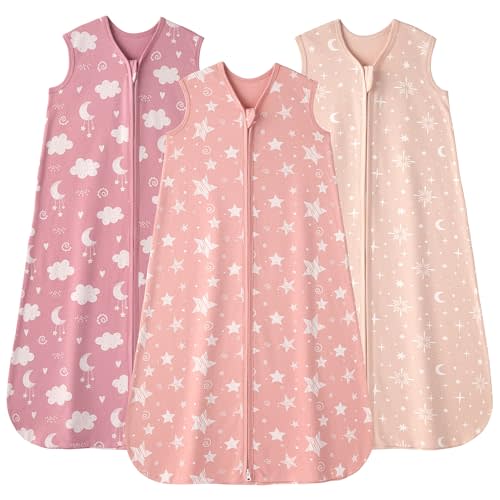 Baby Sleep Sack 6-12 months, 100% Cotton Sleeping Sack for Newborn and Infant, 3 Pack Baby Wearable Blanket, 0.5 Tog Lightweight Double Zipper Sleep Bag Medium Pink Stars Moon