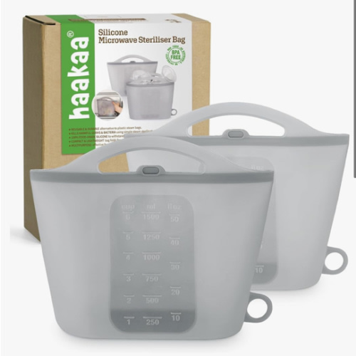 Haakaa On-The-Go Silicone Microwave Steam Sterilizer Bags for Travel, 50oz/1500mlReusable Silicone Steaming Bags for Baby Bottles, Breast Pump, Accessories, Pacifiers, Teethers,Grey/2PCS