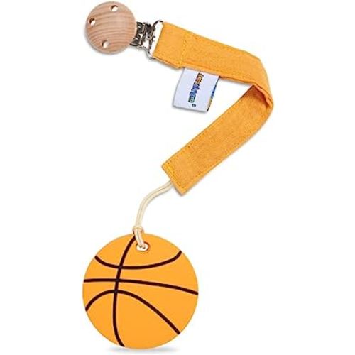 Baby Food Grade Silicone Sports Shape Teether Toy with Pacifier Clip Holder,Teething Pain Relief Toys Gift Set for 3 Months+ Boys and Girls,Freezer Safe,BPA Free (Basketball)