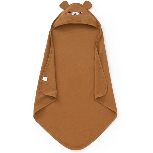 Hooded Baby Towels for Newborn 100% Cotton Muslin Soft Absorbent Baby Bath Towels with Hood for Infant Toddler Girl Boy, 32x32Inch (Brown)