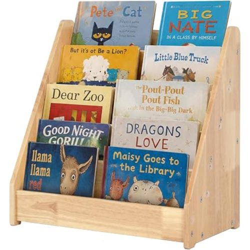 5-Tier Rubber Wood Kids Bookshelf, Montessori Toddler Bookcase, Wooden Book Organizer for Nursery Playroom Classroom, 16.34" x 15.75", Natural